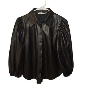 Zara Faux Leather Button Down Blouse/Shirt-Womens-Small-Black‎